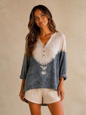 Patterson J Kincaid •Silk Tie-Dye V-Neck Indie Festival Coastal Boho Top Shirt-